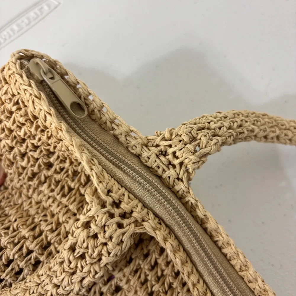 Woven Straw Tote Bag Tropical Beachy Embroidery Purse Vacation Resort Boho Women